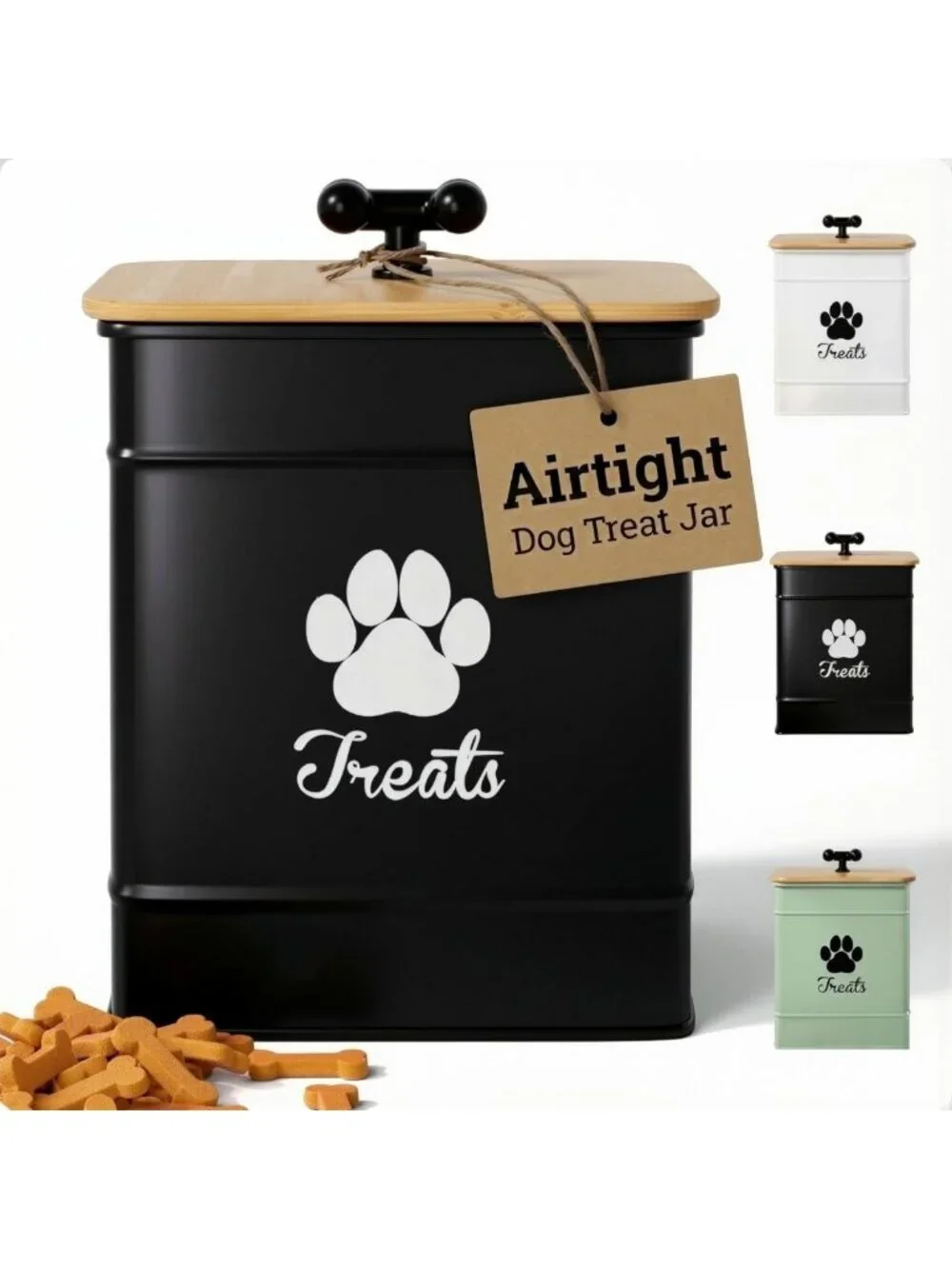 Airtight Dog Treat Container - 12 Cup Capacity Iron Jar with Bamboo Lid